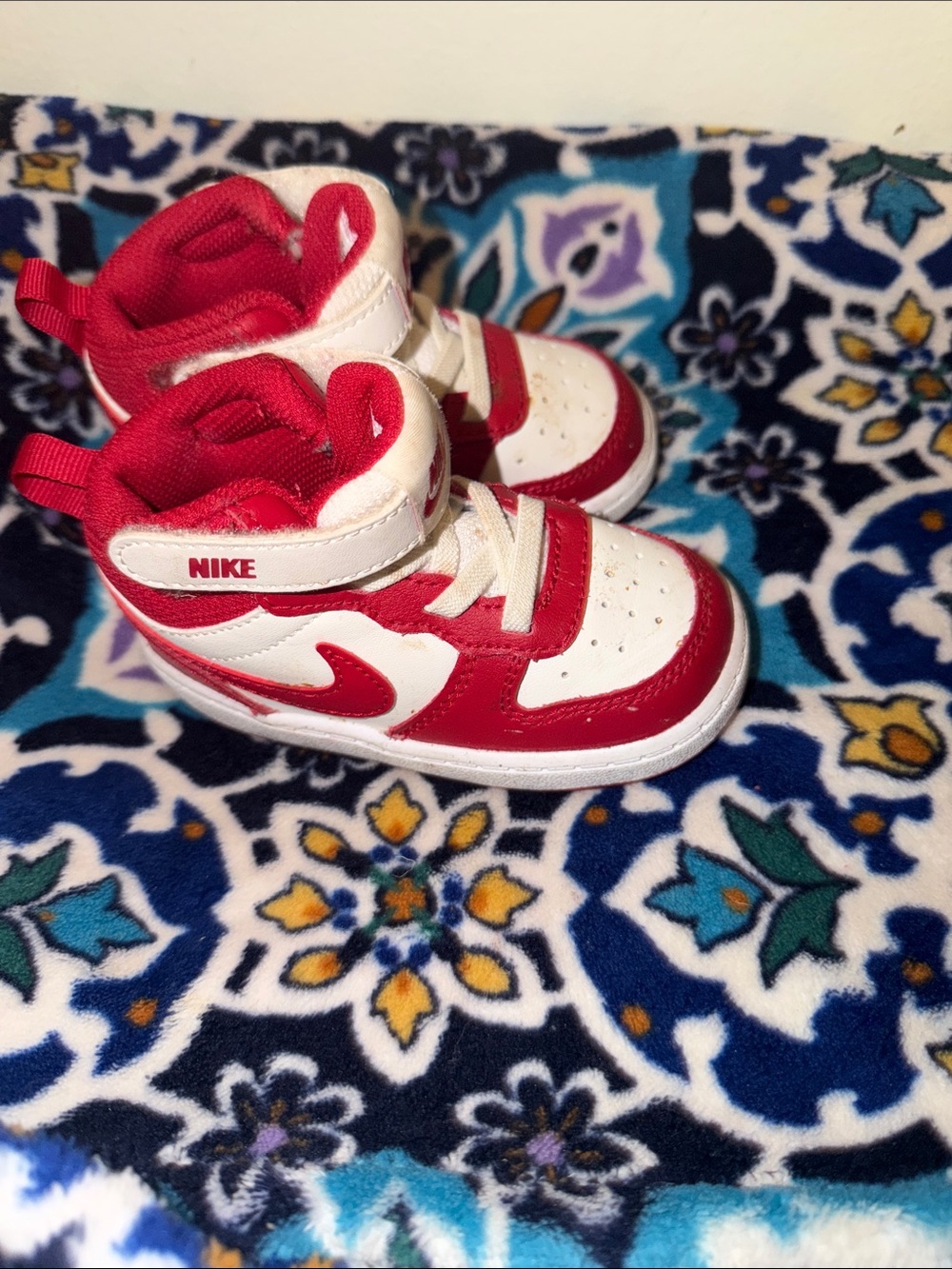 Nike Kids Red and White High-Top Sneakers with Hook-and-Loop Strap
